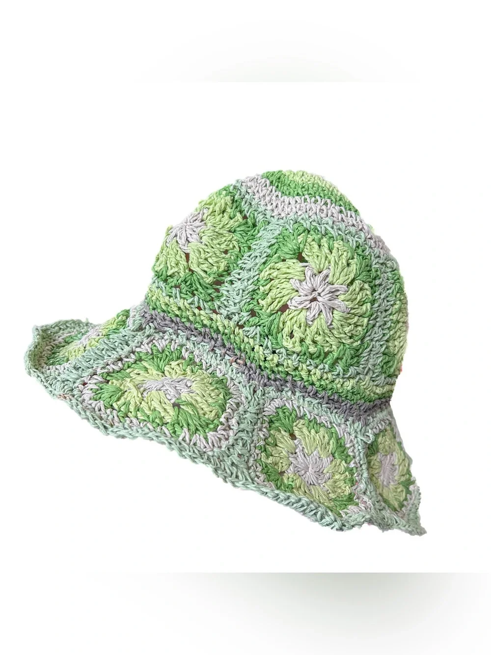 Steve Madden Boho Bucket Hat Granny Square Paper Yarn Festival Y2K Green White